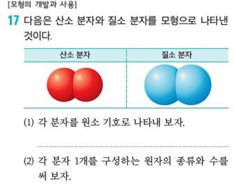 [모형의 개발과 사용] 17. 다음은 산소 분자와 질소 분자를 모형으로 나타낸 것이다.-산소 분자(이미지), 질소 분자(이미지), (1) 각 분자를 원소 기호로 나타내 보자. (2) 각 분자 1개를 구성하는 원자의 종류와 수를 써 보자.