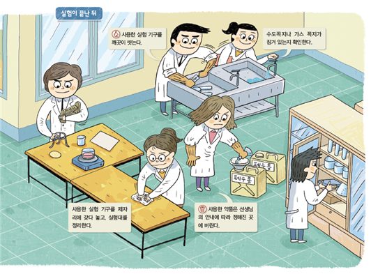 실험이 끝난 뒤 실험실을 정리하고 있는 학생들의 모습