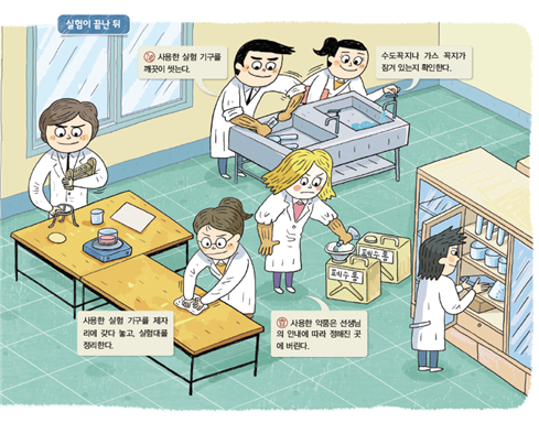 실험이 끝난 뒤 실험실을 정리하고 있는 학생들(다문화 학생 포함)의 모습
