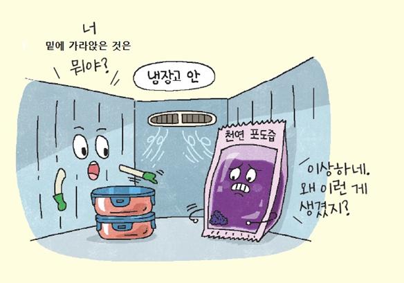 냉장고 안 상황을 우화시켜 대화하는 이미지(너 밑에 가라앉은 것은 뭐야?, 이상하네. 왜 이런게 생겼지?