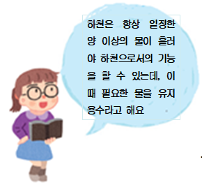 여자 학생 말풍선(하천은 항상 일정한 양 이상의 물이 흘러야 하천으로서의 기능을 할 수 있는데, 이때 필요한 물을 유지용수라고 해요