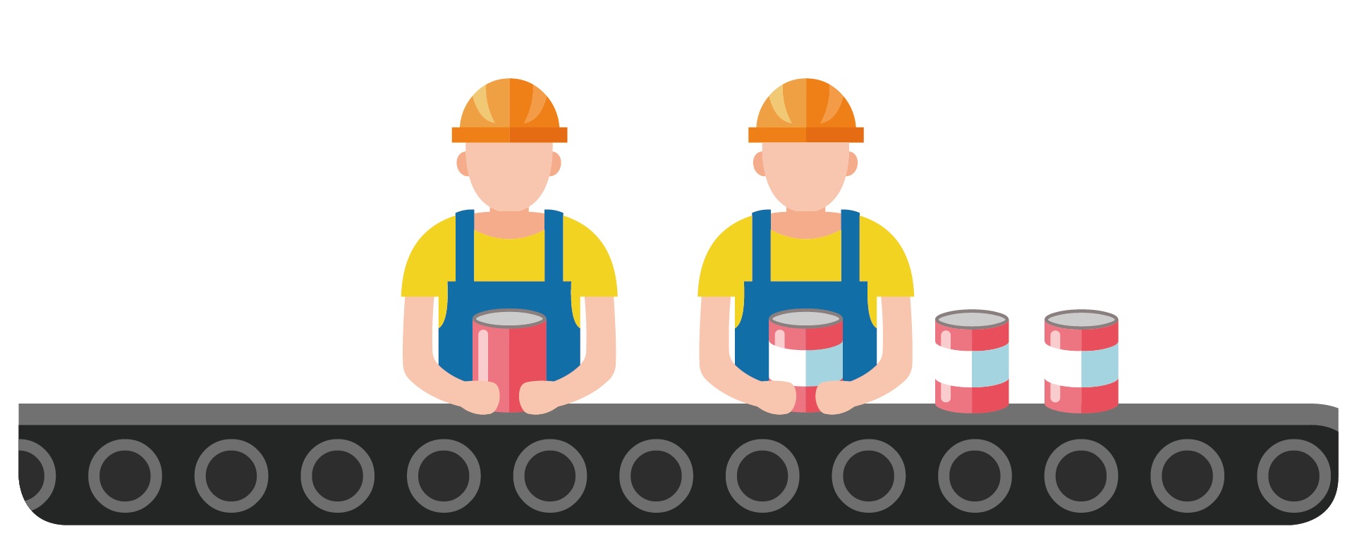 안전모를 쓴 노동자(2명)가 레일위의 상품을 생산하고 있는 인포그래픽