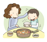 어머니가 아이에게 밥을 먹이는 그림