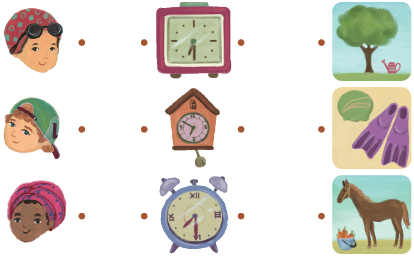 나리, 토니, 나디아의 얼굴과 각각 아이들이 일어나는 시각을 나타내는 시계와 소개된 활동을 연결할 수 있게 만든 활동