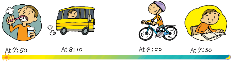 남자아이의 하루 일과를 왼쪽에서 오른쪽으로 시간 순서대로 배열한 그림(양치하는 그림, 버스를 타고 학교에 가는 그림, 자전거를 타는 그림, 숙제를 하는 그림)