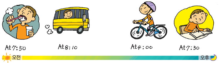 남자아이의 하루 일과를 왼쪽에서 오른쪽으로 시간 순서대로 배열한 그림(양치하는 그림, 버스를 타고 학교에 가는 그림, 자전거를 타는 그림, 숙제를 하는 그림)으로, 오전과 오후를 구별해주기 위해 해와 달의 크기를 크게 하고 