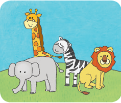 동물(animal)을 설명하기 위해 코끼리, 기린, 얼룩말, 사자를 그림.