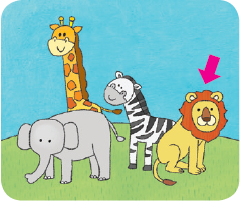 동물(animal)을 설명하기 위해 코끼리, 기린, 얼룩말, 사자를 그렸는데, 단수 animal을 나타내야 하므로 사자 한 마리에 화살표로 표시함.