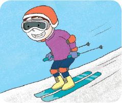 신 나는(exciting)을 설명하기 위해 아이가 기분 좋아 뛰는 모습을 표현한 것에서 의미 파악을 더 명확하게 하기 위해 12단원에 exciting이 쓰였던 스키를 타는 상황으로 맥락을 일치시켰음.