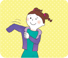 입다(wear)를 표현하기 위해 여자아이가 옷을 입은 모습을 나타냄.