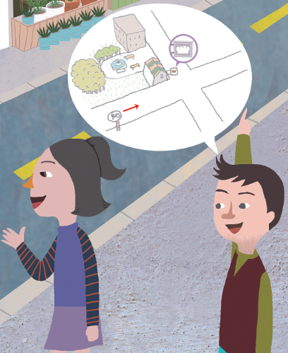 남자아이 머리말 풍선 내 약도에서 버스정류장 근처에 출발점을 표시하고, 제과점의 도넛 간판을 식빵 간판으로 수정.