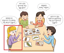 4명의 학생들(여아 한 명을 유럽인으로 교체)이 배추흰나비에 대해 토론하는 모습