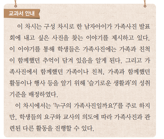 교과서 안내 - 이 차시는 구성 차시로 한 남자아이가 가족사진 발표회에 내고 싶은 사진을 찾는 이야기를 제시하고 있다. 이 이야기를 통해 학생들은 가족사진에는 가족과 친척이 함께 했던 추억이 담겨 있음을 알게 된다. 그리고 가족사진에서 함께했던 가족이나 친천, 가족과 함께 했던 활동이나 행사 등을 알기 위해 `슬기로운 생활과`의 성취기준을 배정하였다. 이 차시에서는 `누구의 가족사진일까요?`를 주로 하지만, 학생들의 요구와 교사의 의도에 따라 가족사진과 관련된 다른 활동을 진행할 수 있다.