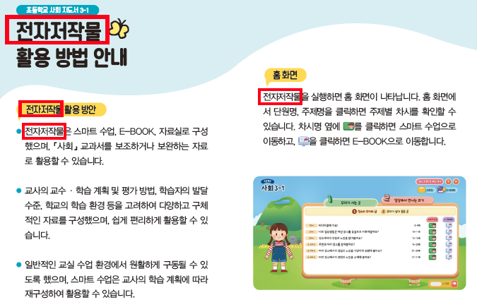 (주)지학사 사회3-1지도서(전자저작물 포함) 전자저작물 설명서 및 USB 카드쪽 현행내용 이미지