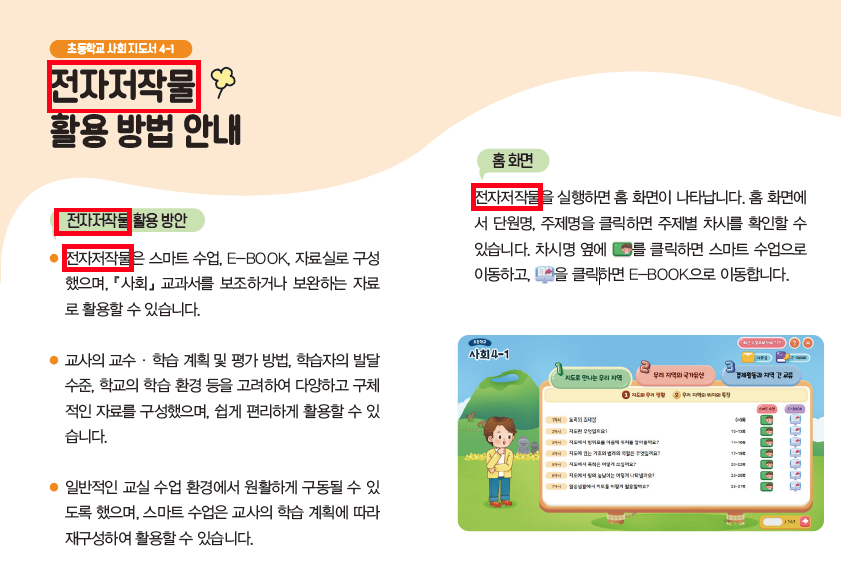 (주)지학사 사회4-1지도서(전자저작물 포함) 전자저작물 설명서 및 USB 카드쪽 현행내용 이미지