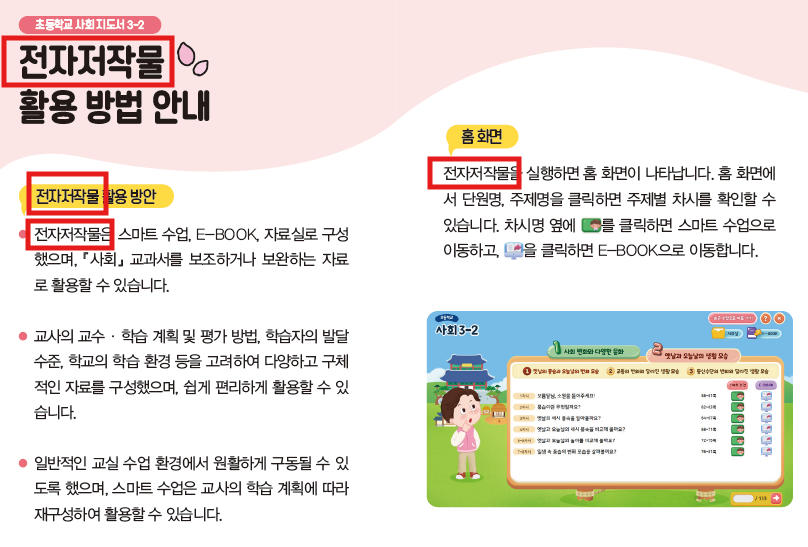 (주)지학사 사회3-2지도서(전자저작물 포함) 전자저작물 설명서 및 USB 카드쪽 현행내용 이미지