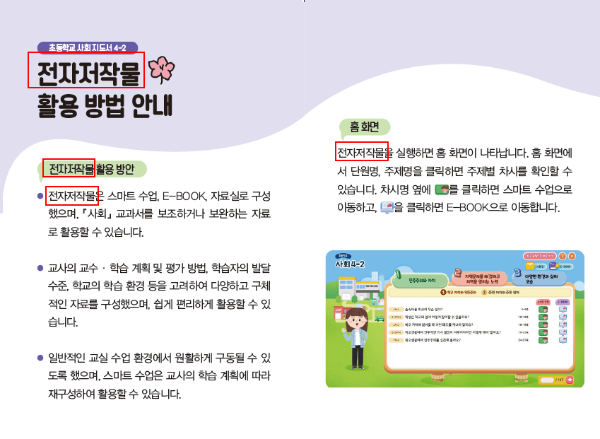 (주)지학사 사회4-2지도서(전자저작물 포함) 전자저작물 설명서 및 USB 카드쪽 현행내용 이미지