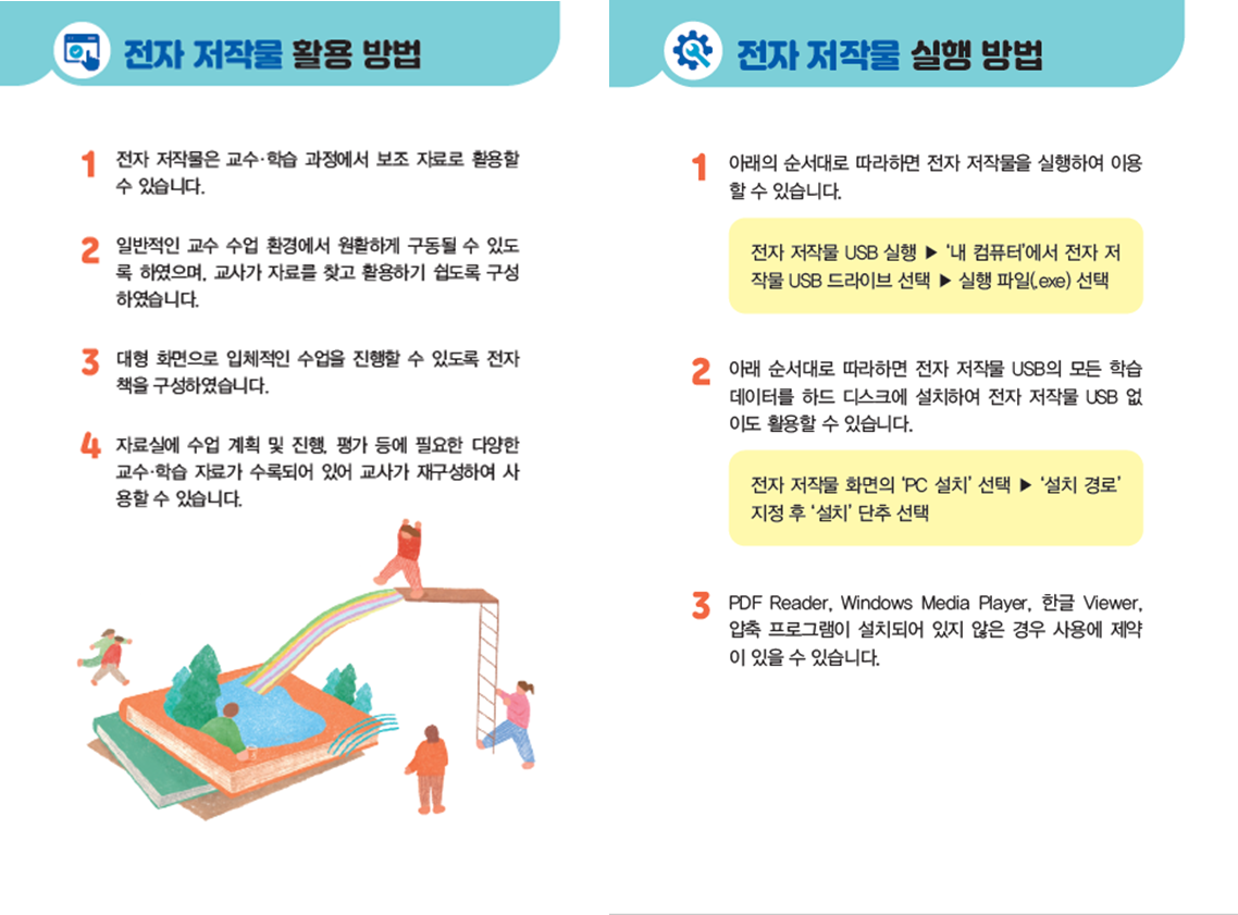 (주)천재교과서 도덕(3～4학년군)지도서3(전자책등 포함) 사용 설명서 앞면, 뒷면쪽 현행내용 이미지